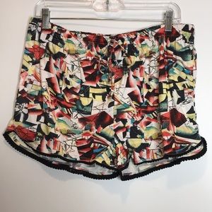 NWT Manhattan Blues Womens Stretch Shorts Geometric Elastic Waist Tie M MEDIUM